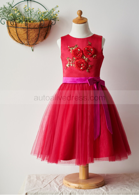 Red Satin Tulle Knee Length Flower Girl Dress With Handmade Rose